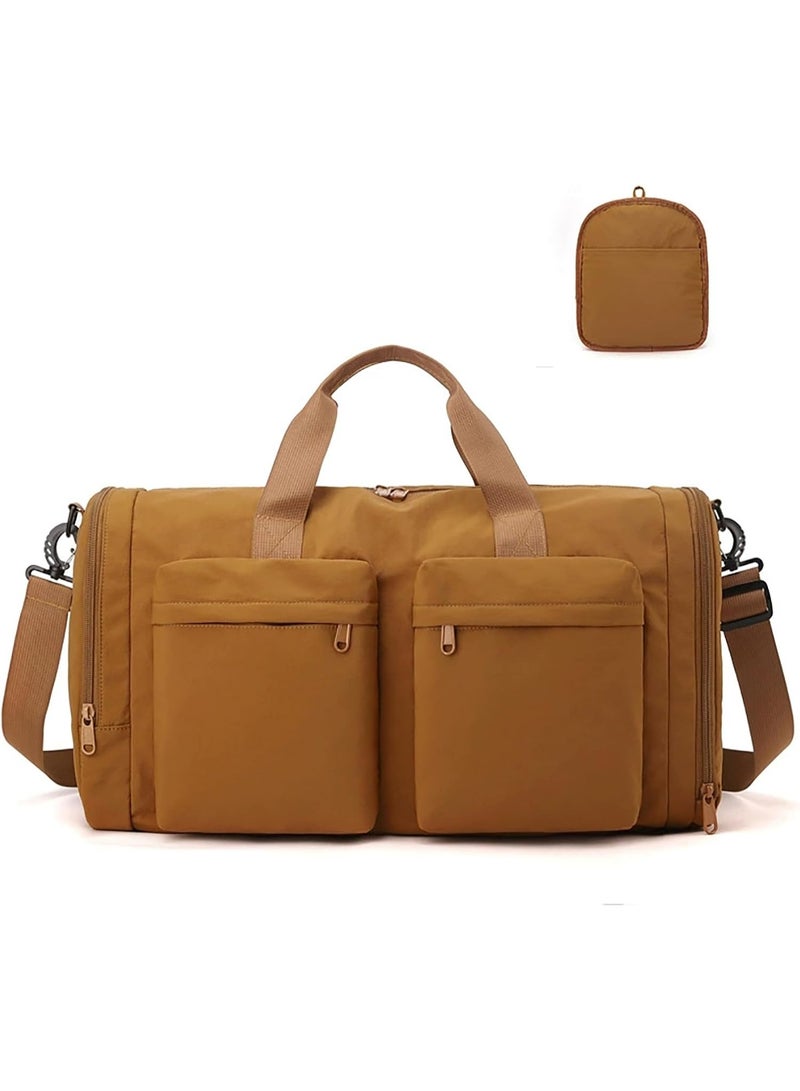 Bukela Foldable Travel Duffel Bag Collapsible Gym Duffle Bag with Shoe Compartment Wet Pocket Trolley Sleeve Carry On Duffel Bag for Men Women (Brown) - Image 1